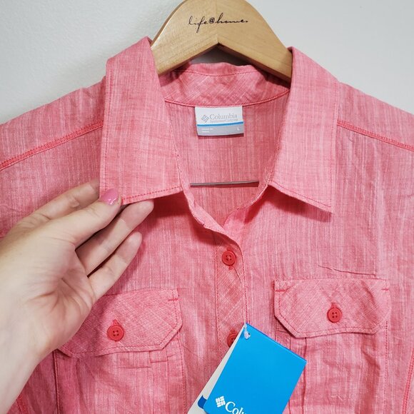 COLUMBIA NWT Camp Henry Short Sleeve Shirt Button Front Cotton Pink Womens Large - Picture 4 of 13
